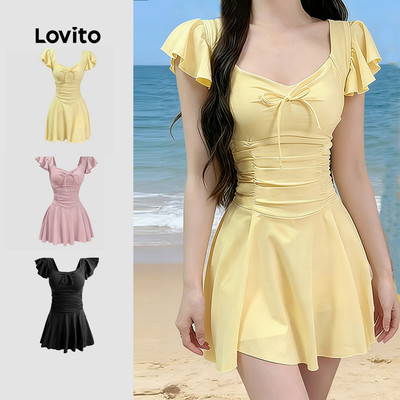 Đồ bơi 1 mảnh nữ Lovito vàng xuân hè xếp ly phong cách thường ngày LNE143026
