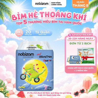 Tã/Bỉm Quần Nabizam Ultra Thin Nội Địa Hàn Siêu Mỏng Nhẹ, Rãnh Chống Tràn Size 3XL20 Cho Bé Từ 20-25kg,20 Mếng/Bịch