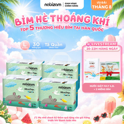 COMBO 4 Tã/Bỉm Quần Nabizam Ultra Thin Nội Địa Hàn Cao Cấp Mỏng Nhẹ Phù Hợp Cho Ban Đêm Size L Từ 8-13kg, 30 Miếng/Bịch