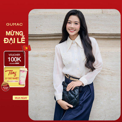 Áo sơ mi GUMAC form suông có phối ren ở túi trước áo may hai lớp  AF12026