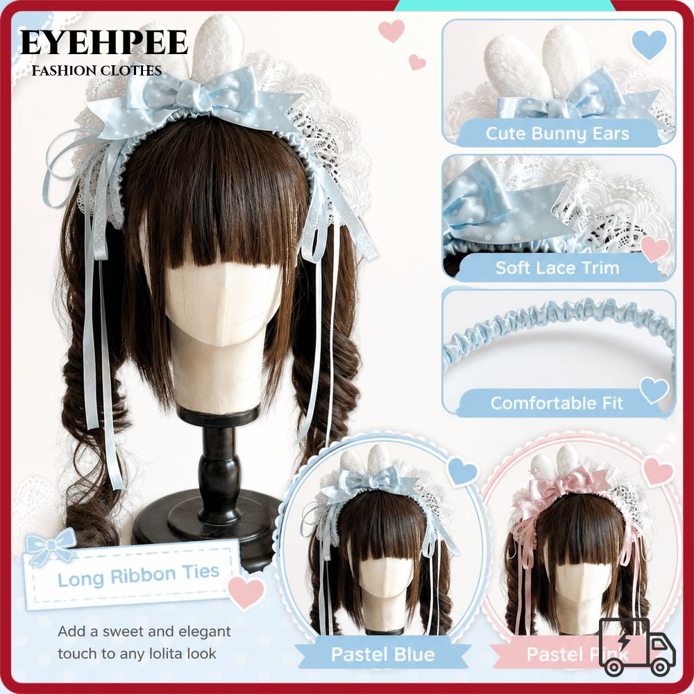 EYEHPEE Bunny Ear Headband, Mini Bunny Ear Polka Dot Bow Headband, Ren Trim Gothic Style Gothic Hair