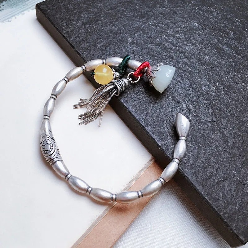 Vòng Tay Mạ Bạc Lào Qingxiang Cổ Điển Trung Quốc Cổ Handmade Hoa Sen Rễ Bạc Vòng Tay Nữ Bạc Phong Cá