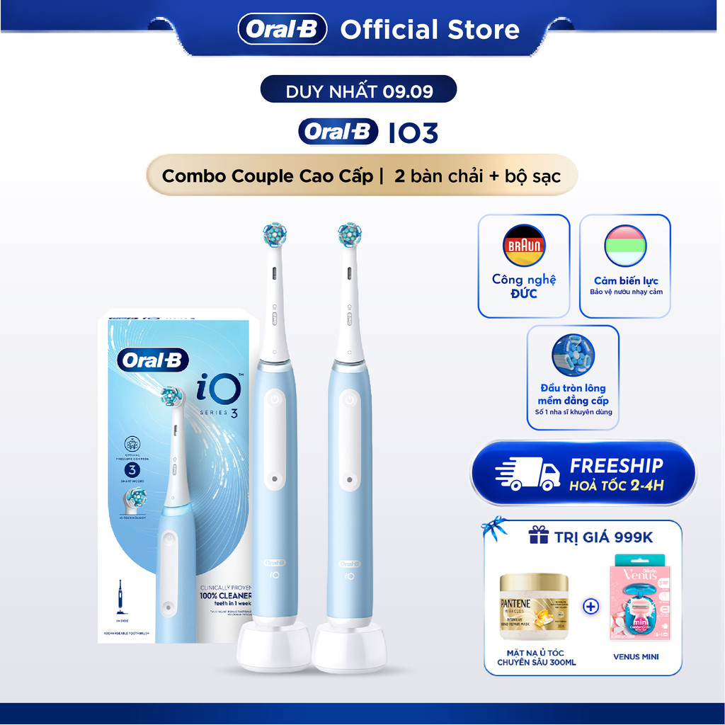 Combo Couple 2 Bàn Chải Điện Oral B Chính Hãng IO3 Cao Cấp Và 2 Đầu Thay Thế, Công Nghệ Chuyển Động 