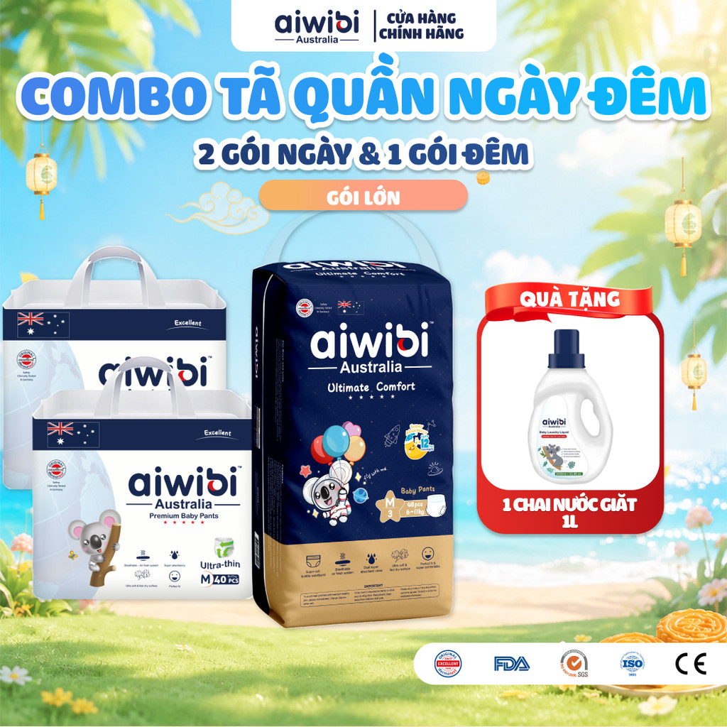 [Combo Ngày & Đêm] Tã/Bỉm Quần Cao Cấp Aiwibi Cho Bé Siêu Thấm Hút - 2 Gói Ngày Lớn + 1 Gói Đêm Lớn