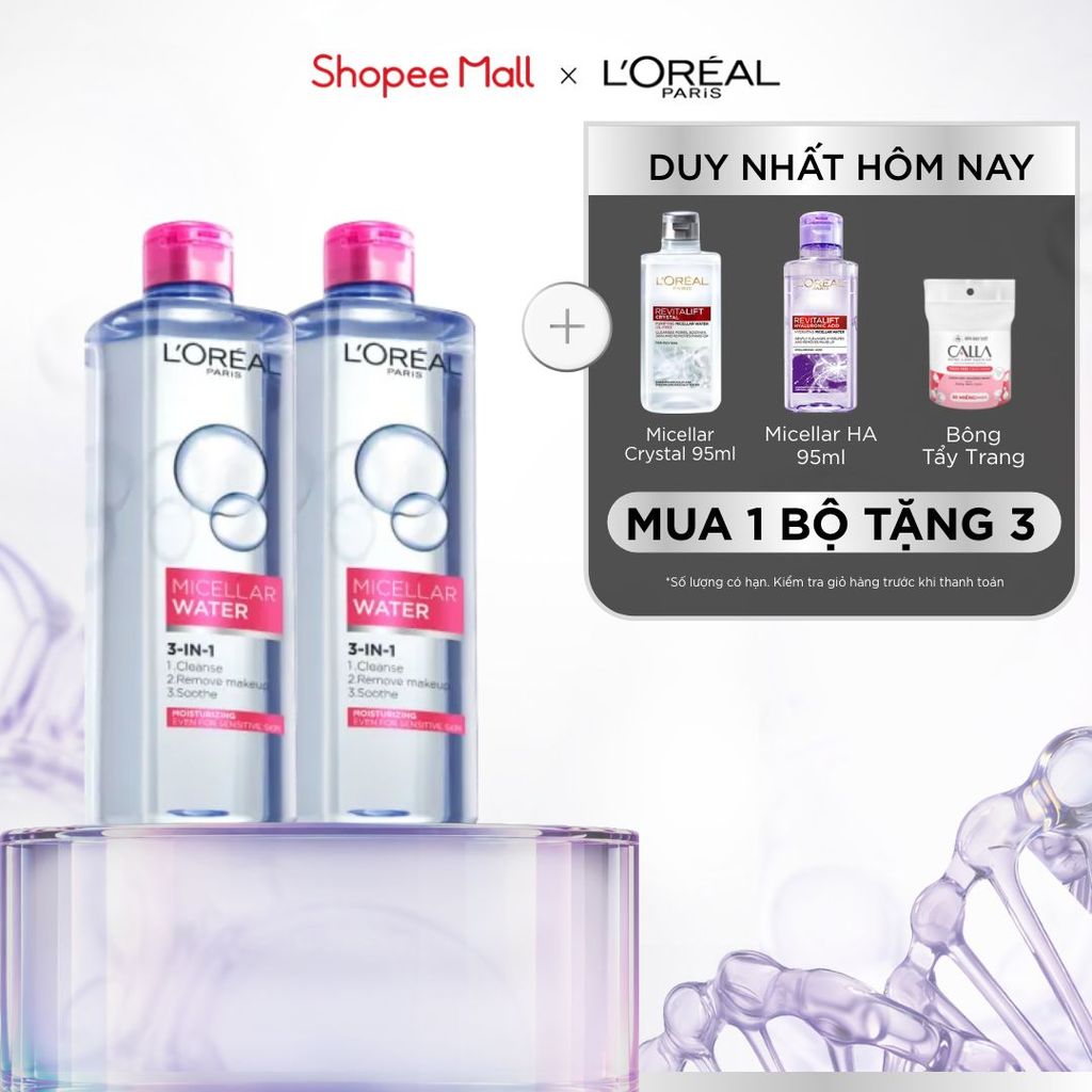 Bộ 2 nước tẩy trang dưỡng ẩm mượt da 3in1 L'Oreal Paris Micellar Water 400ml