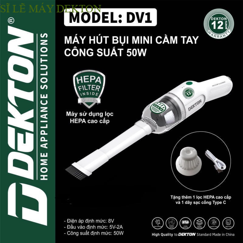 Máy hút bụi pin mini DEKTON DV1, Công suất 50w, Nhỏ gọn, hiện đại, Tặng Kèm 1 Lọc Bụi Máy sĩ DEKTON