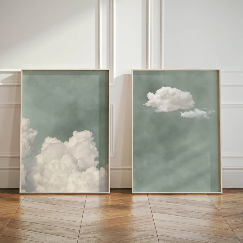 2 Cái / bộ Sage Xanh Mây Bầu Trời Trừu Tượng Canvas In Poster Hiện Đại Tối Giản Nghệ Thuật In Hình T