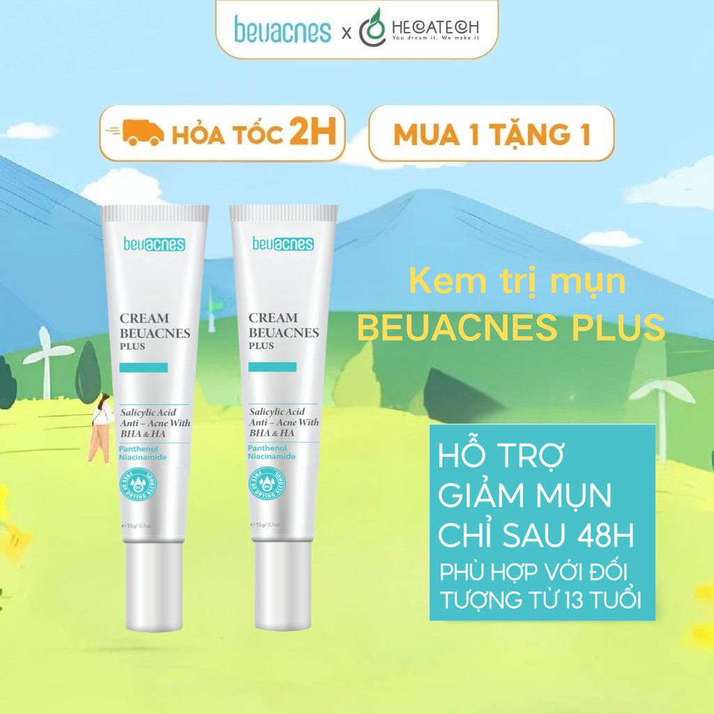 kem giảm mụn nhanh 24h BEUACNES PLUS mụn trứng cá, chiết xuất rau má, hỗ trợ mờ thâm mụn 15g