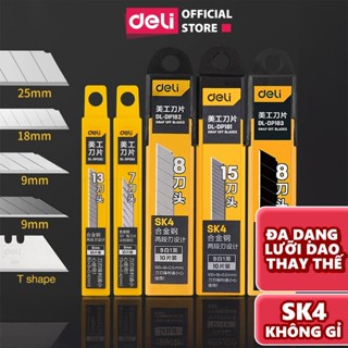  Hộp 10 Lưỡi dao rọc giấy size lớn nhỏ Deli Cao Cấp Chất Liệu Thép Hợp Kim SK5 Bền Thiết Kế Dễ Sử Dụng Nhỏ Gọn 