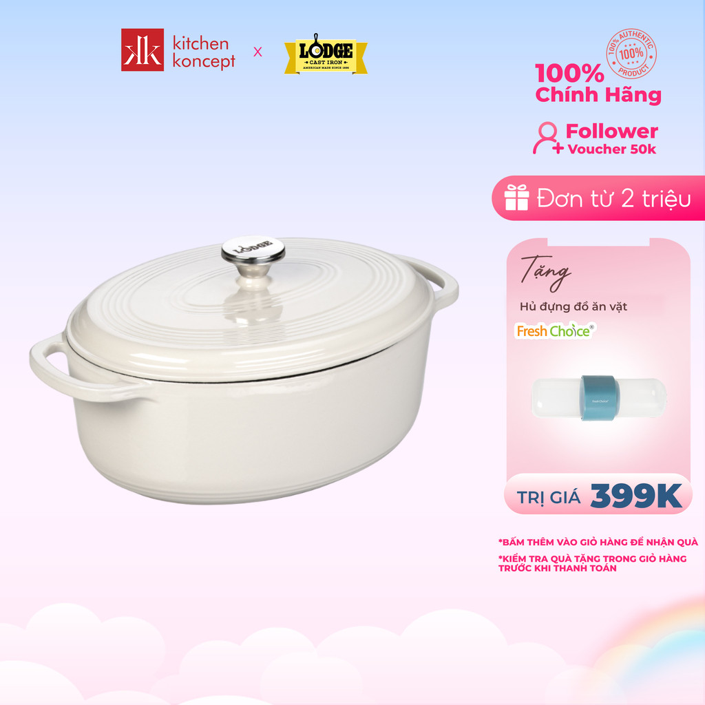Nồi gang oval phủ men Lodge - Màu trắng 6.6L