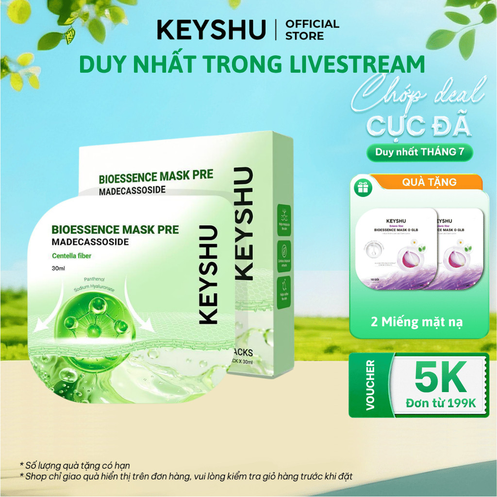 [TẶNG 2M] Hộp Mặt Nạ Rau Má Bioessence Mask Premium KEYSHU Dưỡng Ẩm, Làm Mềm Da, Làm Dịu Da 10 Miếng