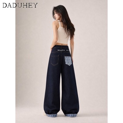 DaDuHey American Style High Waist Loose and Slimming Mop Pants Versatile Retro Blue Lapel Plaid Pocket Stitching Wide Leg Jeans