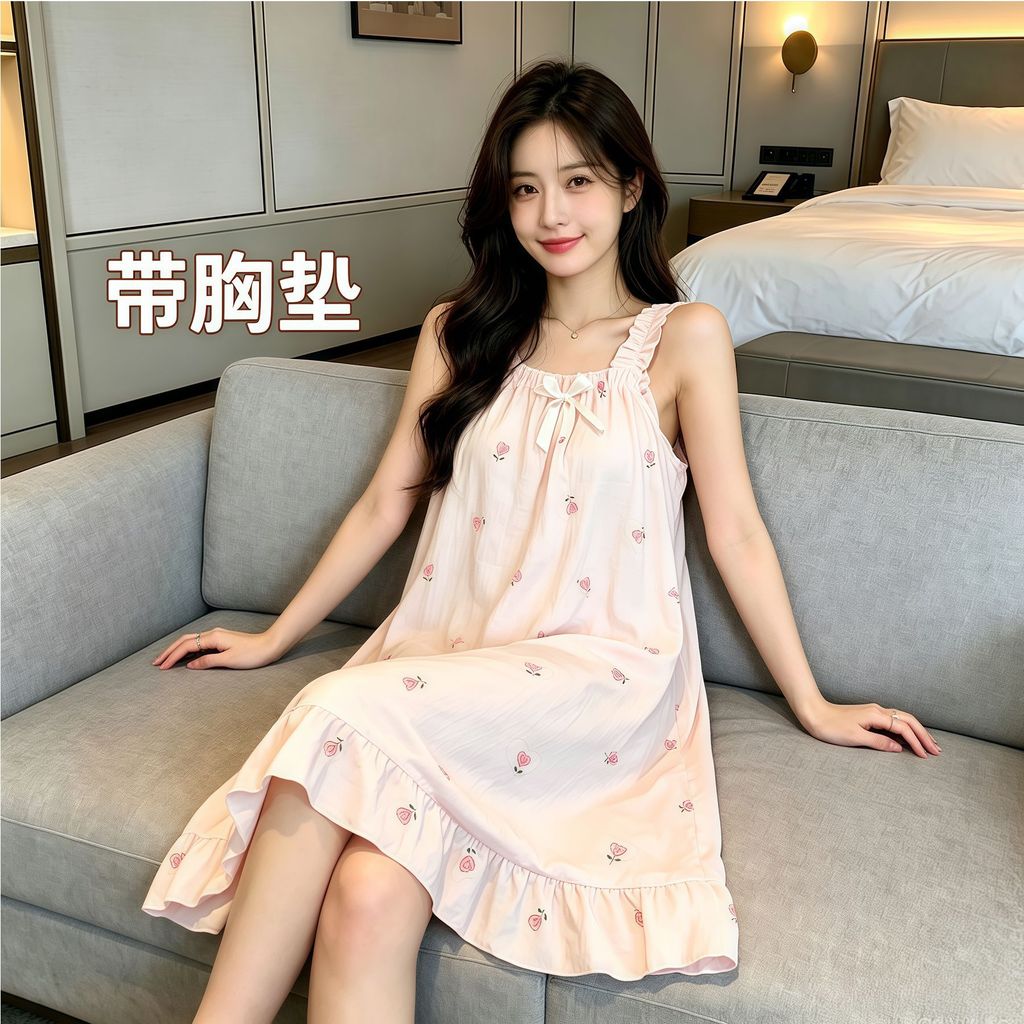 Bộ Đồ Ngủ Phong Cách Mới Váy Ngủ Mỏng Có Miếng Lót Ngực Ngày Không Tay Ngọt Ngào Sling Cô Gái Giữa C