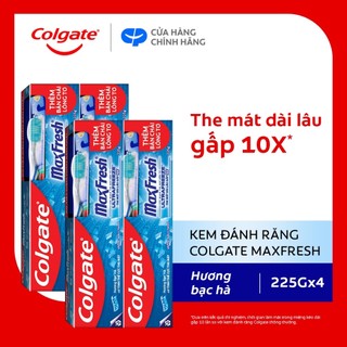 Bộ 4 Kem đánh răng Colgate Maxfresh bạc hà the mát 225g/tuýp tặng bàn chải đánh răng lông mềm
