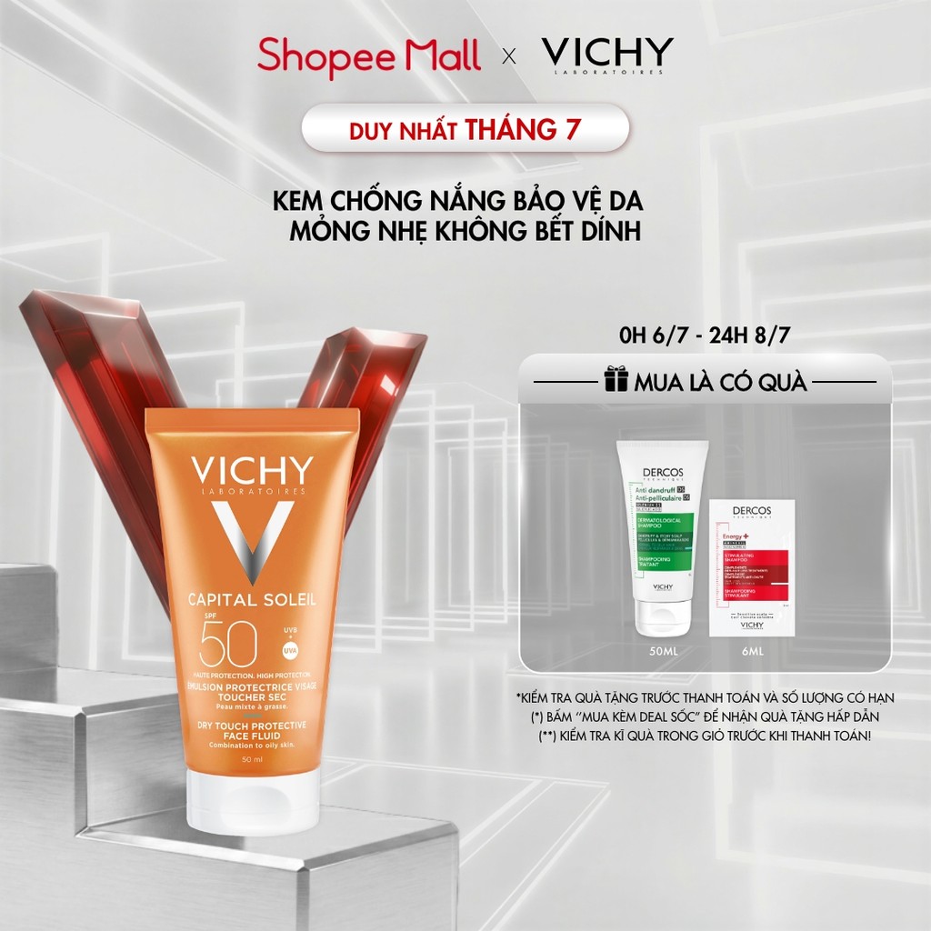 Kem chống nắng bảo vệ da mỏng nhẹ không bết dính SPF 50+ UVA & UVB Vichy Capital Soleil Dry Touch