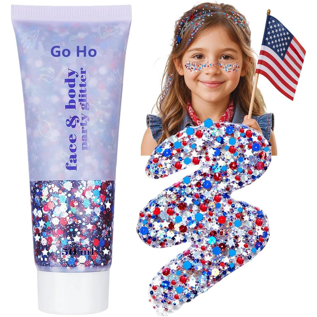 Go Ho Red White and Blue Hair Body Glitter, 4th of July Glitter Stick, 4th of July Trang phục và phụ