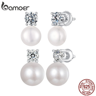 Bamoer Bạc 925 Bông Tai Ngọc Trai Tự Nhiên Moissanite Trang Sức Quà Tặng Cho Nữ