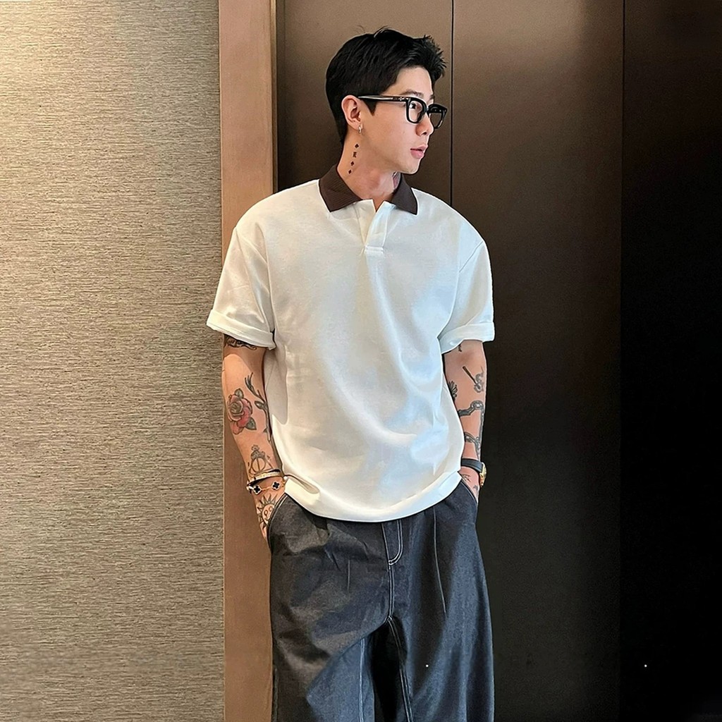Phong Cách Tiền Cũ Trắng Cổ Chữ v Áo Sơ Mi polo Tay Ngắn Nam Mùa Hè Tương Phản Khâu Ve Áo t-Shirt Pi