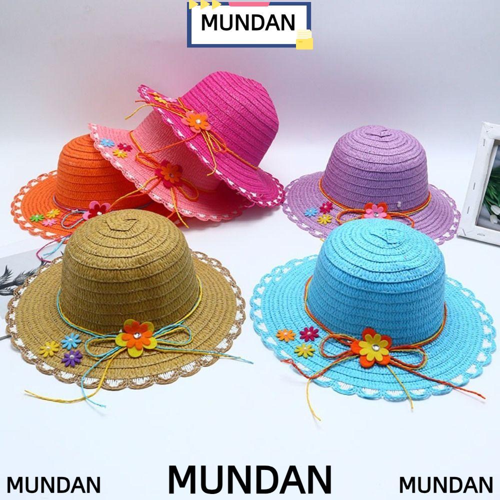 Mũ Rơm MUNDAN, Mũ Chống Nắng Trang Trí Hoa Vành Rộng, Mũ Đi Biển 3-7Year Handmade Ngọt Ngào Du Lịch