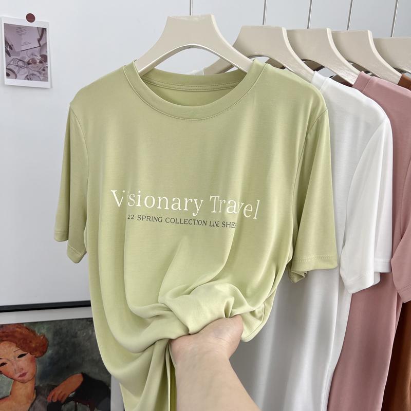 Ice Silk Drape Thư Áo Thun Nữ Tay Ngắn Mùa Hè Mỏng Phong Cách Kích Thước Lớn Rời Cổ Tròn Thường Ngày