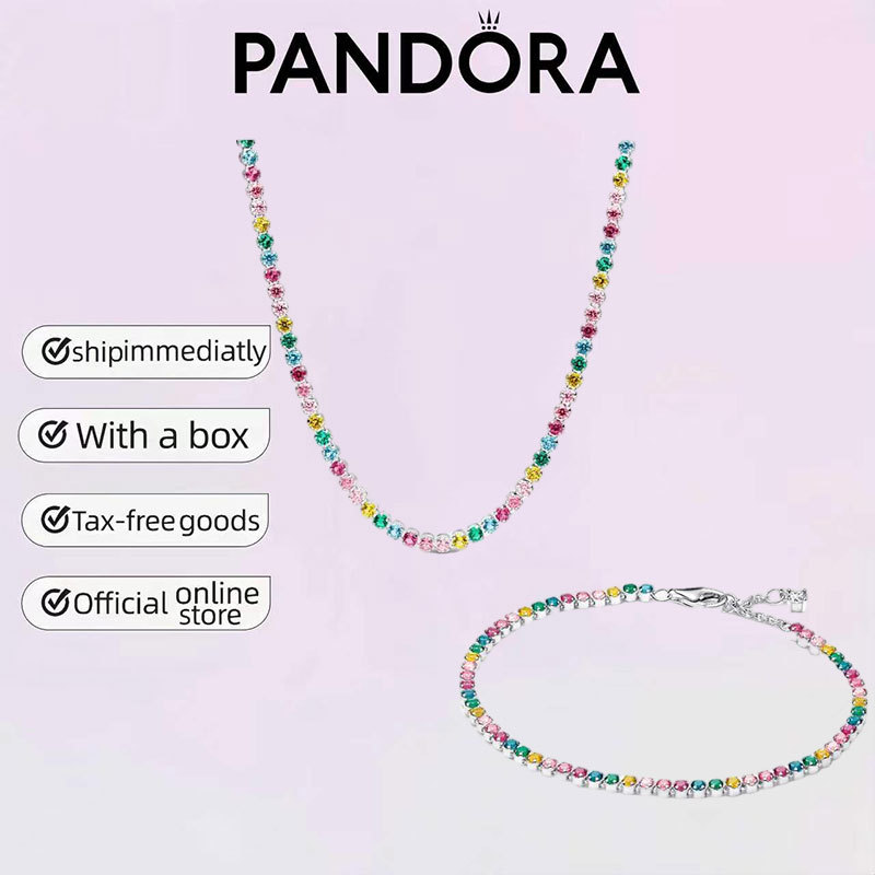 Bộ vòng cổ & vòng tay quần vợt cầu vồng Pandora 925 Trang sức bạc Quà tặng tinh tế Bộ quà tặng cặp đ