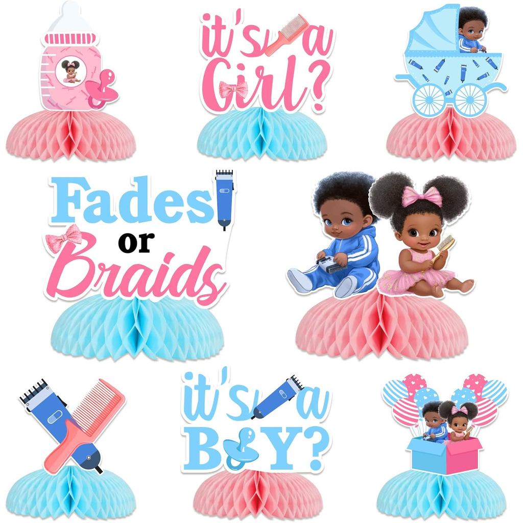 8 chiếc Fades hoặc Braids Trung tâm tổ ong, Fades hoặc Braids Tiết lộ giới tính Trang trí bàn bé tra