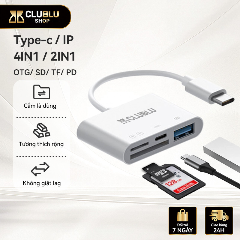 -CLUBLU- Đầu Đọc Thẻ Nhớ 4in1 OTG Type-C Lighnting SD TF Máy Ảnh USB Cáp Bộ Chuyển Đổi Di Động