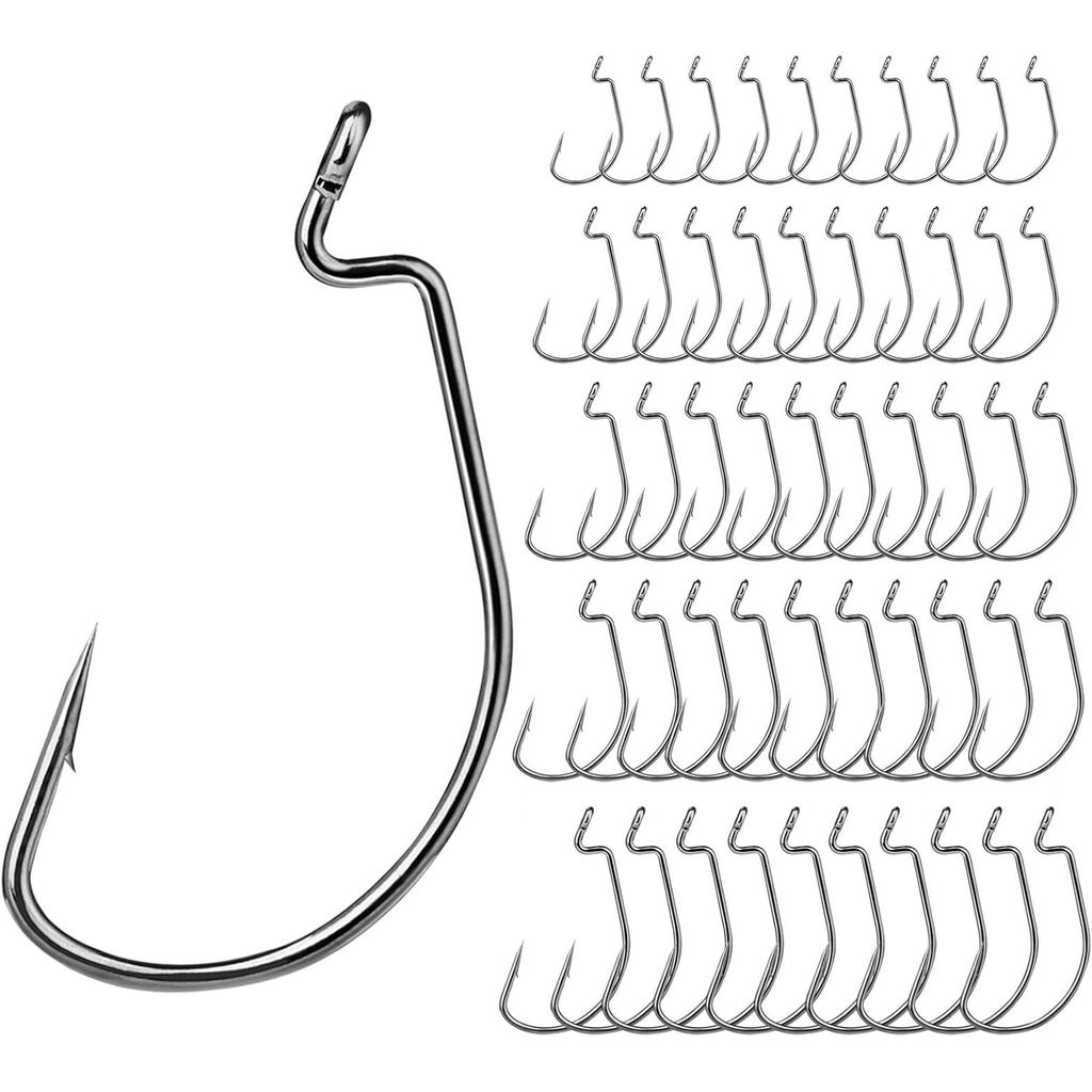 EWG Móc Câu 50 Chiếc Khoảng Cách Rộng Offset Worm Hook Sharp Strong Texas Rig Kit Cho Nước Ngọt Và N