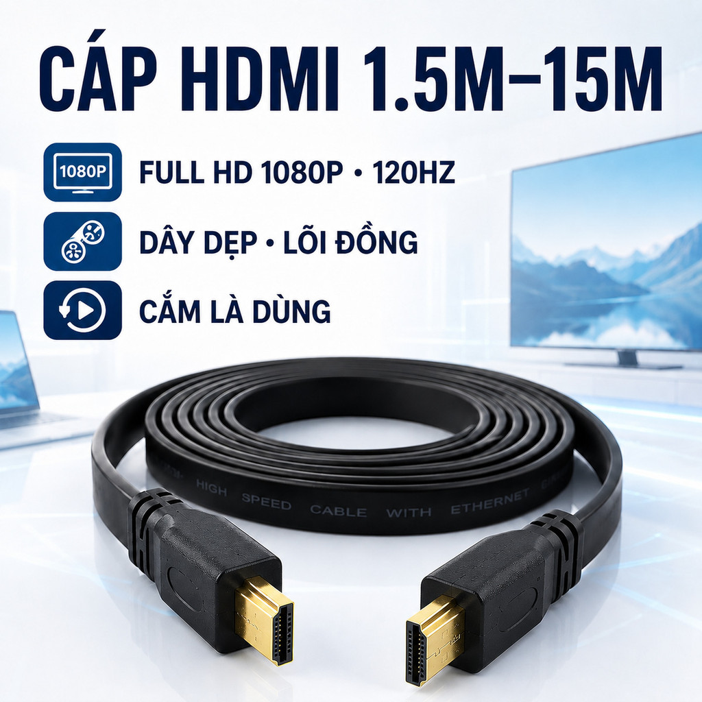 Cáp HDMI 1.4 Dài 1,5m–15m Hỗ Trợ Full HD 1080p 120Hz, 4K 30Hz Truyền Hình Và…