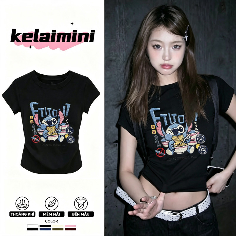 COD✅(Hồ Chí Minh) Áo croptop nữ in hình nhân vật xanh ăn mì phong cách Y2K dáng ôm vải mềm thoáng mát