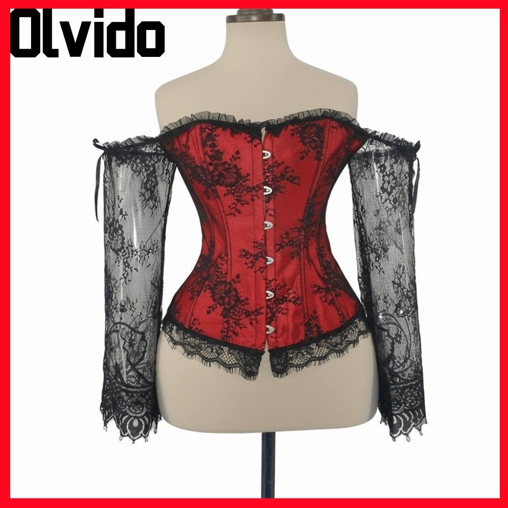 OLVIDO Nữ Court Corset, Dây Đeo Vai Corset Top, Thời Trang Ren Hoa Overbust Dài Tay Ren Corset Phục 