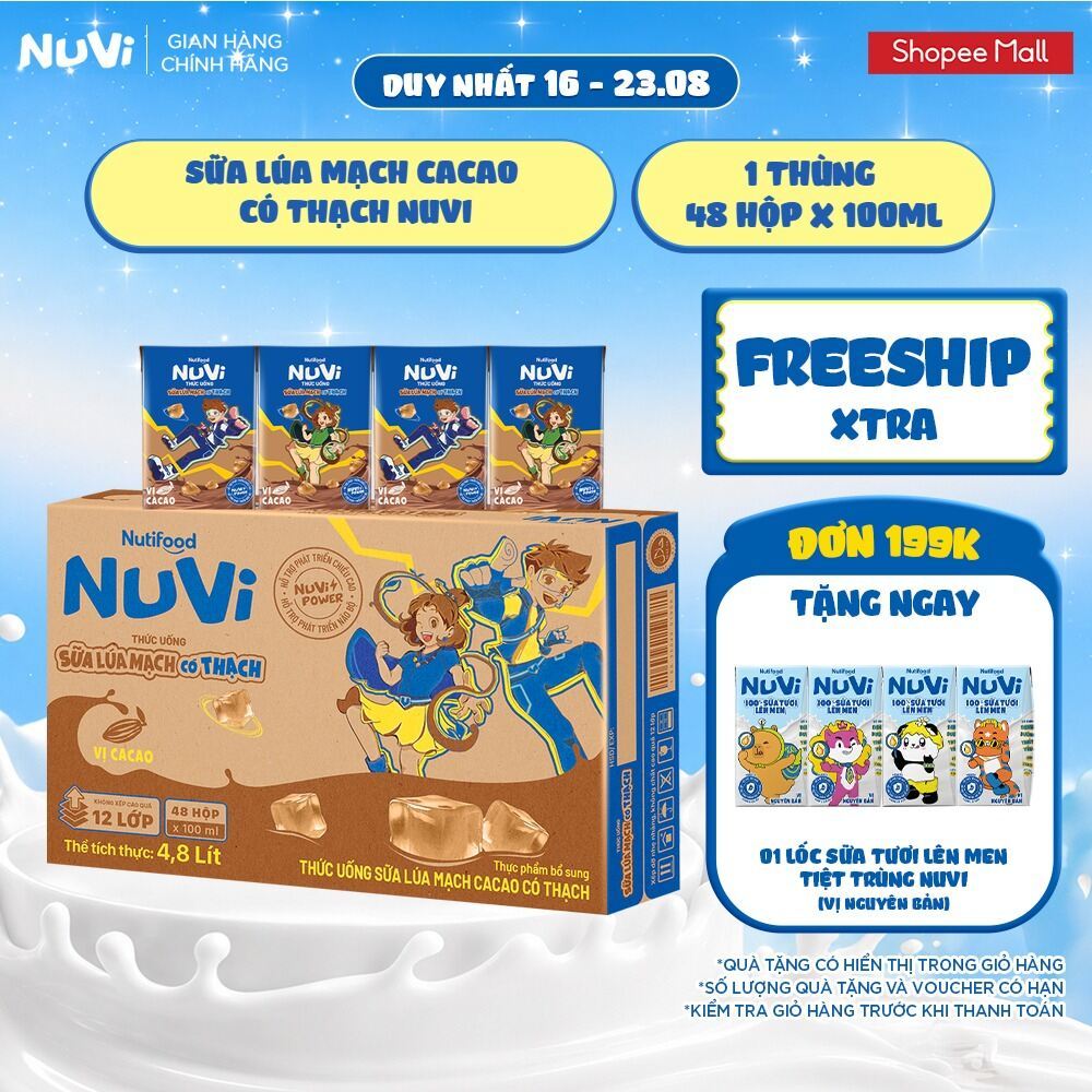 Thùng 48 Hộp Thức Uống Sữa Lúa Mạch Cacao Có Thạch NuVi 100ml