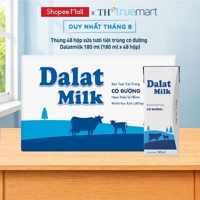 [LIVE STREAM] Thùng 48 hộp sữa tươi tiệt trùng  Dalatmilk có đường 180 ml (180 ml x 48)