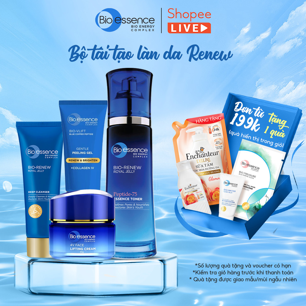 Bio-essence Renew – Tái tạo da: Gel Tẩy tế bào chết 60g, Sữa rửa mặt 100g, Kem nâng cơ 45g, Toner 10