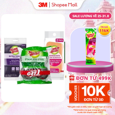 Bộ 3 Cước rửa chén siêu mạnh, miếng cọ rửa xoong nồi và cước rửa chén 3M™ Scotch-Brite®, Làm sạch các vết bẩn cứng đầu