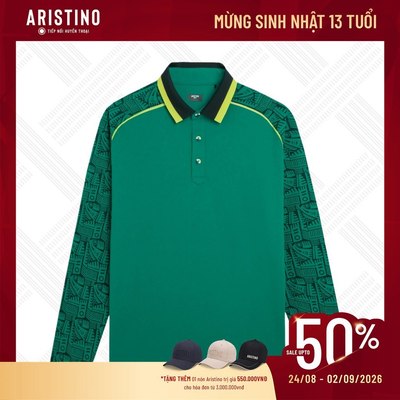 ARISTINO GOLF Áo polo nam dài tay màu xanh lá, dáng tech golf ALPG820Z