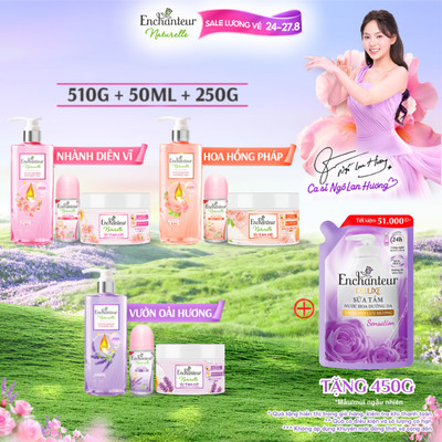 [MỚI] Bộ sản phẩm dưỡng da thiên nhiên Enchanteur Naturelle: Sữa tắm 510g, Serum lăn khử mùi 50ml, Tẩy tế bào chết 250g