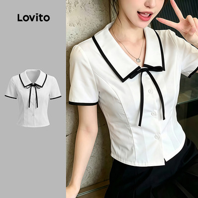 (New Arrival) Lovito Áo sơ mi trắng nữ phong cách casual có nơ cài nút mùa xuân/hè LK7AD091