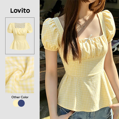 (New Arrival) Lovito Áo sơ mi thường ngày nơ phía trước dáng xuân/hè màu vàng cho nữ L197AD1029