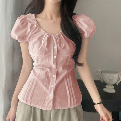 (Phong cách thường ngày) Lovito Áo sơ mi màu hồng nhẹ nhàng xếp ly trơn dễ thương dành cho nữ L136AD216