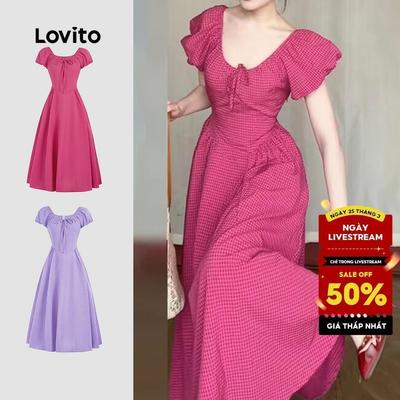 Đầm nữ Lovito thanh lịch tay bồng ôm eo buộc dây kẻ caro L131LD1055