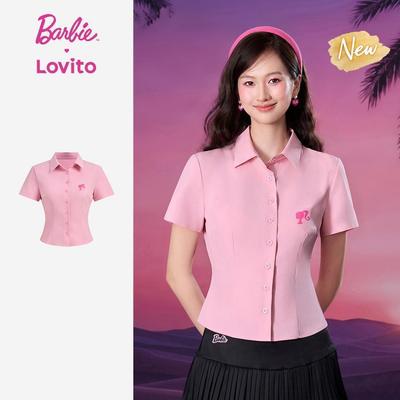 (New Arrival) Barbie™ X Lovito Áo Blouse Nữ Màu Hồng Xuân/Hè Cổ Nơ Tay Ngắn Nút Trước Đường Kết Cấu LBL5AD010