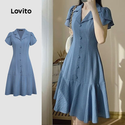 Lovito Đầm Cài Cúc Màu Xanh Thanh Lịch Dành Cho Nữ LK3ED102