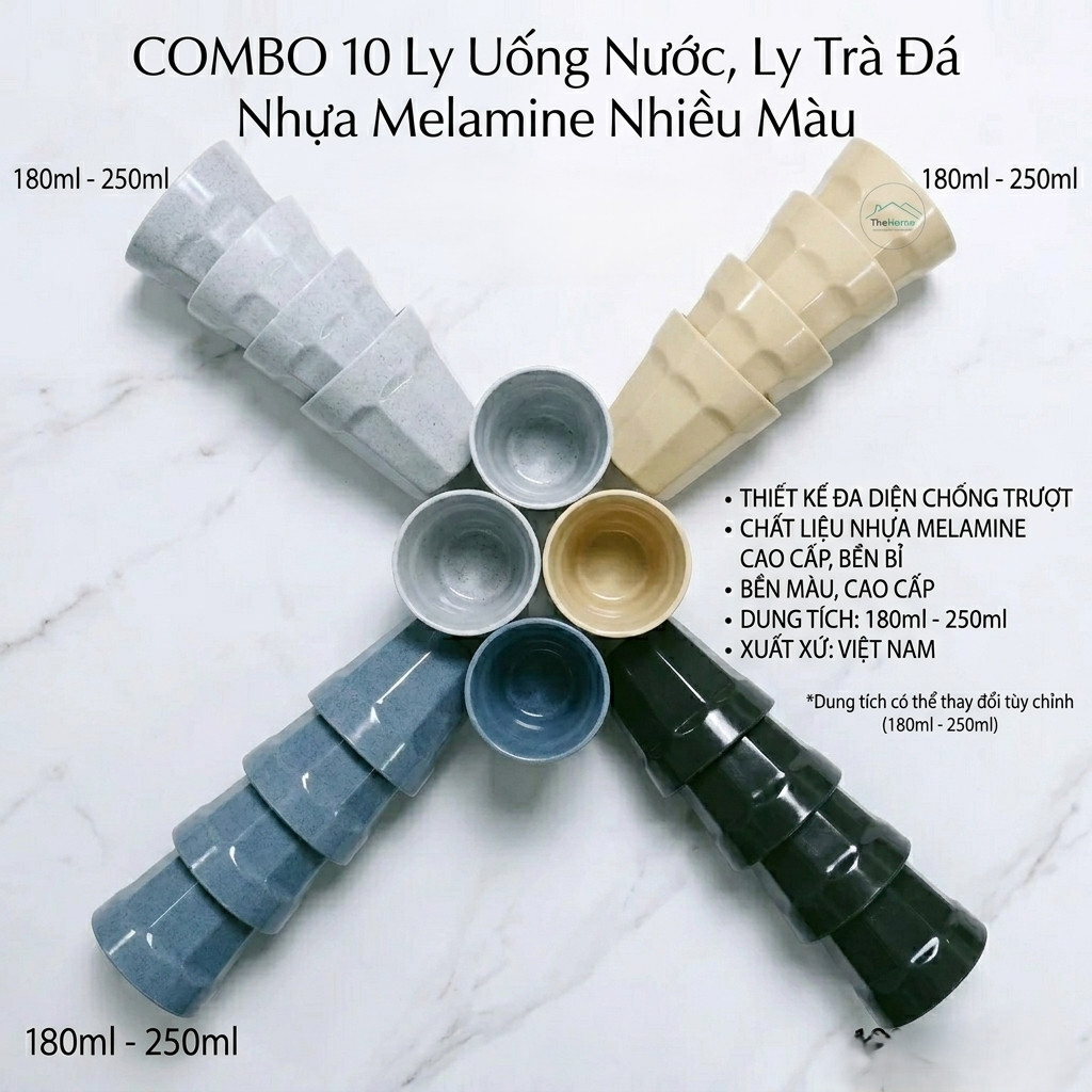 COMBO 10 Ly uống nước, ly trà đá nhựa melamine 180ml - 250ml  nhiều màu