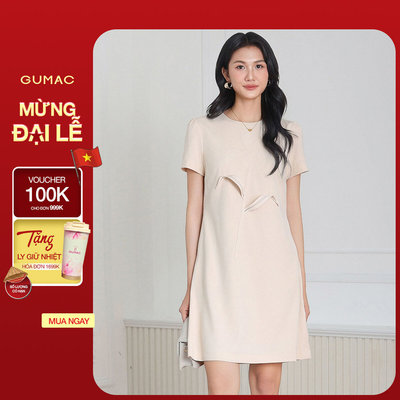 Đầm nữ GUMAC suông thiết kế đính hoa lá nổi 2 lớp có túi mềm mịn thoải mái  DF04054