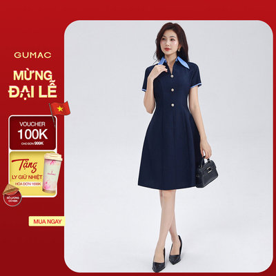 Đầm Dáng A Nữ GUMAC Váy Công Sở Cổ Sơ Mi Phối Sọc Đính Nút Vàng Thanh Lịch DF03005