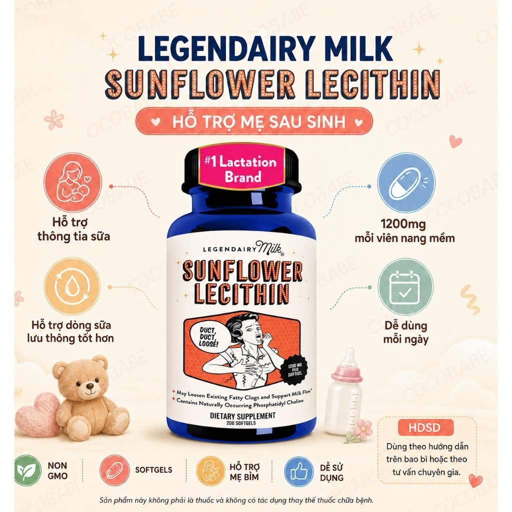 [ Hàng Mỹ ] Viên uống chống tắc tia sữa Legendairy Milk Sunflower Lecithin - Hộp 60/200v
