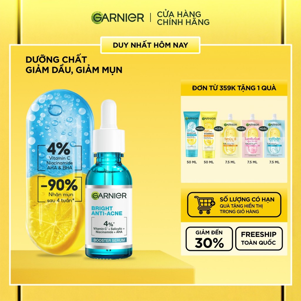 Dưỡng chất cho da dầu mụn Garnier Bright Complete Anti-Acnes Booster Serum 4% [Niacinamide, BHA, AHA