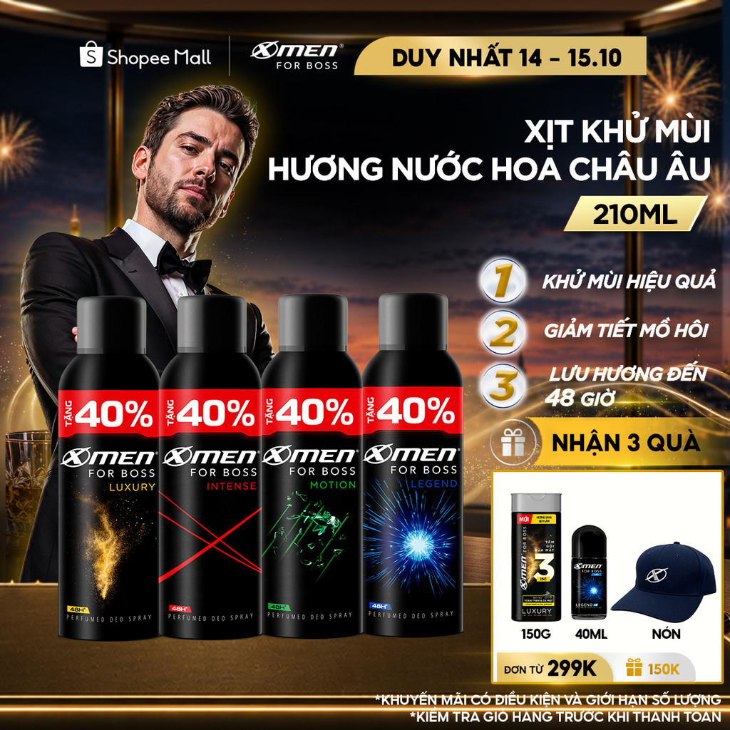 Xịt khử mùi XMen For Boss Intense/ Luxury/Legend/Motion 210ml - Hương Nước Hoa Châu Âu
