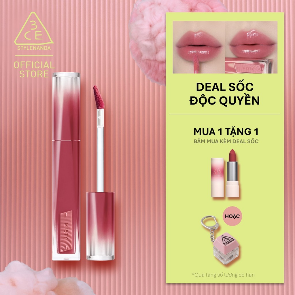 Son Tint Hiệu Ứng Pha Lê 3CE Misty Lip Bare Mỏng Nhẹ Trong Veo, Bền Màu, Mịn Mượt, Không Bết Dính